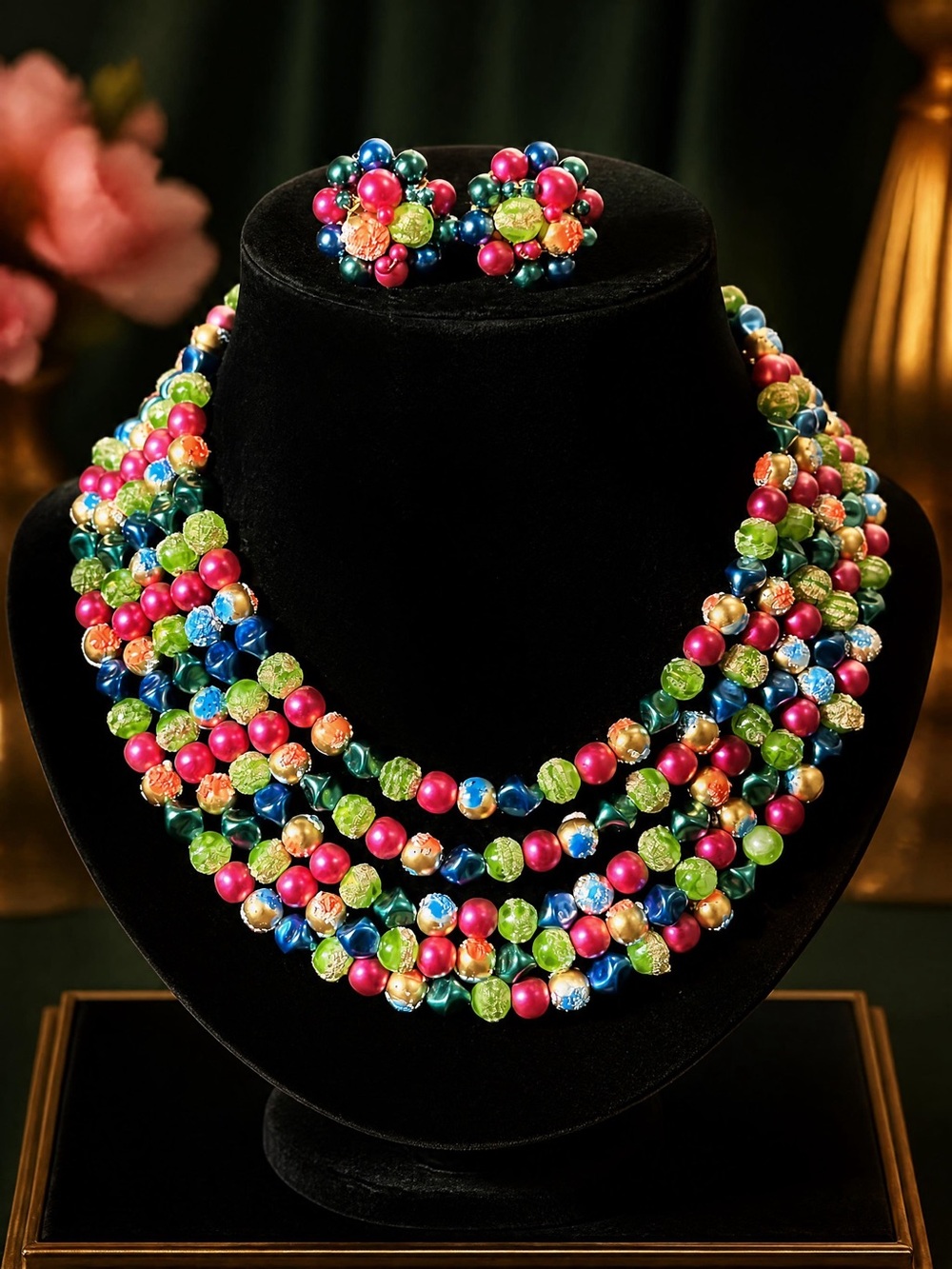 Vintage Japan Multi Strand Bead Necklace Earring Set